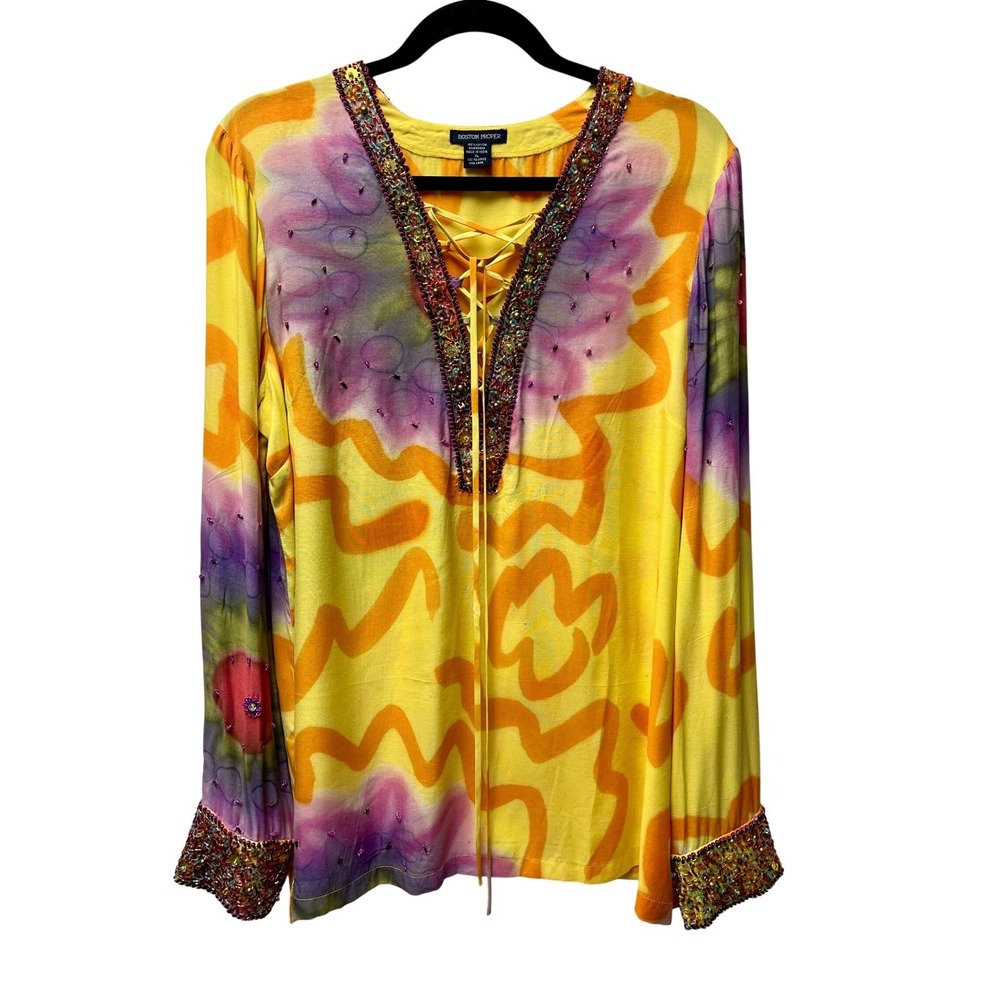 Boston Proper Tunic Top XL Bead Sequin Boho Tie Dye Artsy Gypsy Hippie 70s Retro